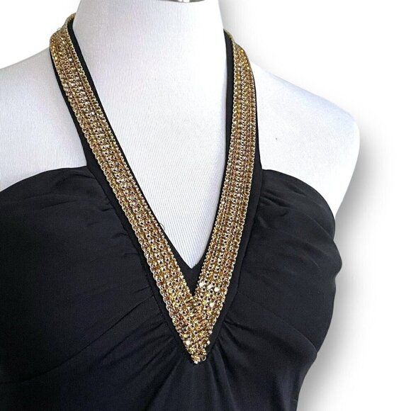 Y2K Vintage Prom Gown Sz P Petite Black Halter Rhinestone Halter Maxi Dress - Picture 9 of 12
